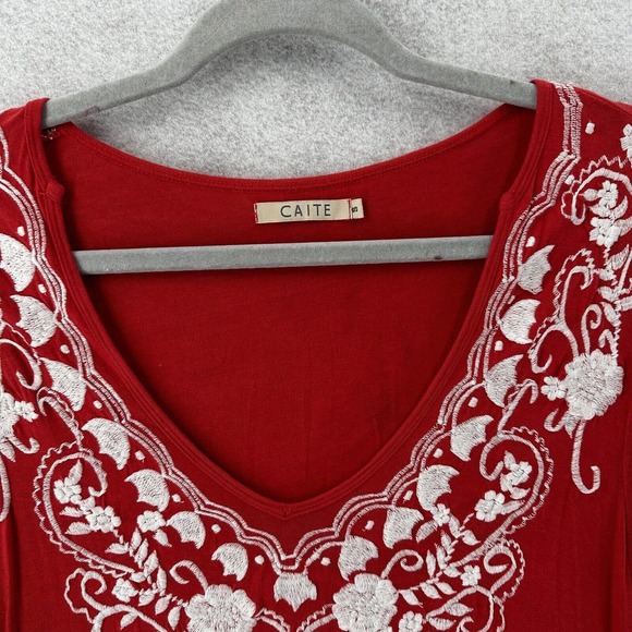 Anthropoligie Caite Dress SM Floral Embroidered Tunic Red White Embroidered Boho - Picture 5 of 13